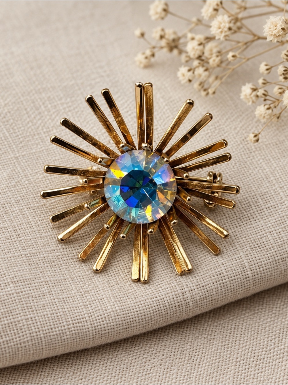 Vintage MCM Gold Tone Starburst Brooch | Aurora Borealis Crystal Center